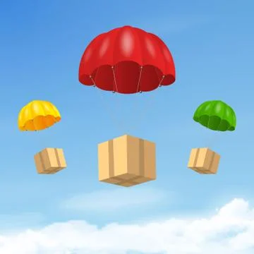 Vector 3d Realistic Red Flying Parachutes with Paper Cardboard Boxes on Blue Sky Illustrazione stock
