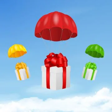 Vector 3d Realistic Red Flying Parachutes with Paper Gift Boxes on Blue Sky Illustrazione stock