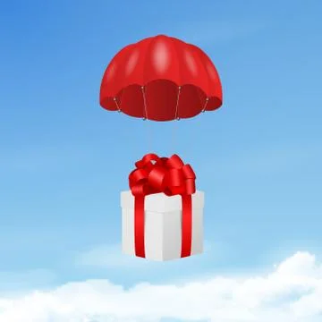 Vector 3d Realistic Red Flying Parachute with Paper Gift Boxe on Blue Sky Stock Illustration
