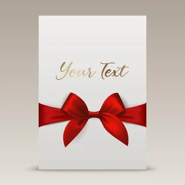 Vector 3d Realistic Red Gift Ribbon and Bow with White Greeting Card Background Stock Illustration