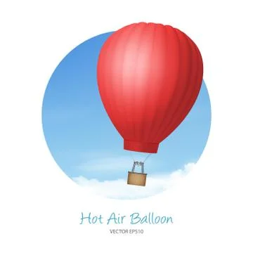 Vector 3d Realistic Red Hot Air Balloon on Blue Sky Background. Design Template Stock Illustration