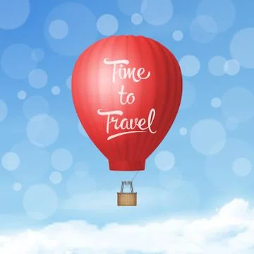 Vector 3d Realistic Red Hot Air Balloon on Blue Sky Background. Time to Travel Stock Illustration