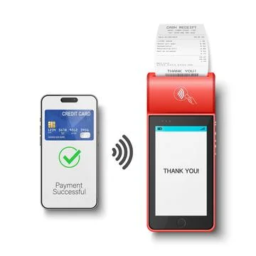 Vector 3d Realistic Red NFC Payment Terminal with Smartphone Closeup. Approved Stock Illustration