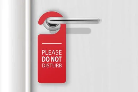 Vector 3d Realistic Red Paper Door Hanger DO NOT DISTURB on White Wooden Door Stock Illustration
