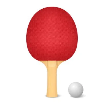 Vector 3d Realistic Red Ping Pong Racket and Ball Icon Closeup Isolated on White Stock Illustration