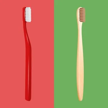 Vector 3d Realistic Red Plastic and Wooden Brown Bamboo Blank Toothbrush Se Stock Illustration
