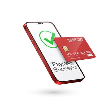 Vector 3d Realistic Red Smartphone, Credit Card, Wi-Fi Successful Payment Stock Illustration