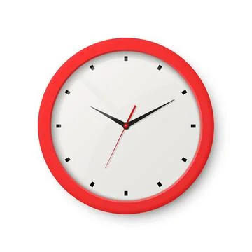 Vector 3d Realistic Red Wall Office Clock Isolated on White. White Dial. Design Illustrazione stock