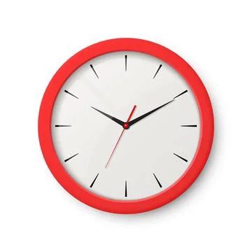 Vector 3d Realistic Red Wall Office Clock Isolated on White. White Dial. Design 스톡 일러스트