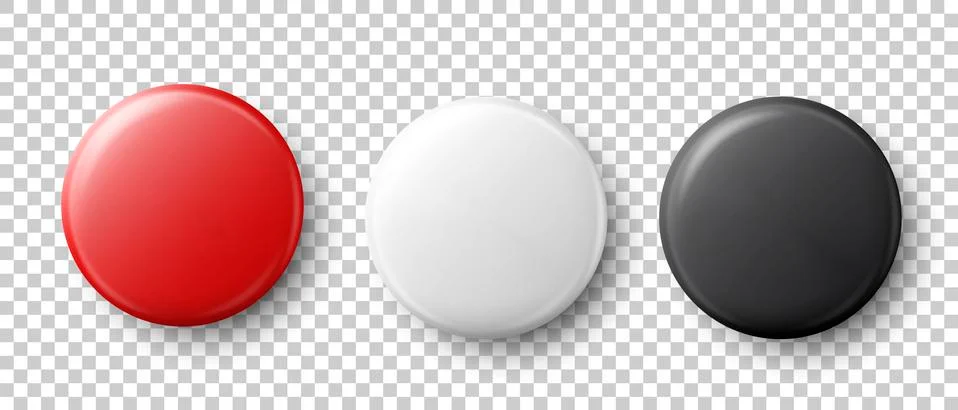 Vector 3d Realistic Red, White, Black Metal, Plastic Blank Button Badge Icon Set Stock Illustration