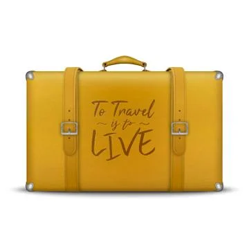 Vector 3d Realistic Retro Leather Yellow Threadbare Suitcase and Travel Stickers Illustrazione stock
