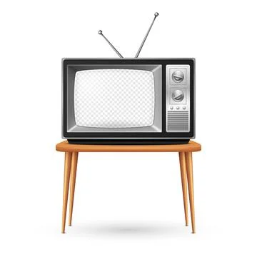 Vector 3d Realistic Retro TV Receiver on a Wooden Table Stand Closeup Isolated Stock Illustration