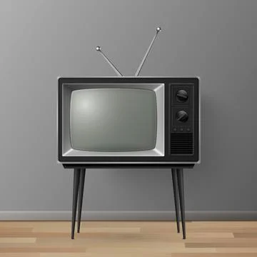 Vector 3d Realistic Retro TV Receiver on a Wooden Table Stand. Home Interior イラスト素材