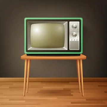 Vector 3d Realistic Retro TV Receiver on Wooden Floor. Home Interior Design Stock Illustration
