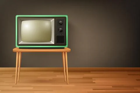 Vector 3d Realistic Retro TV Receiver on Wooden Floor. Home Interior Design イラスト素材