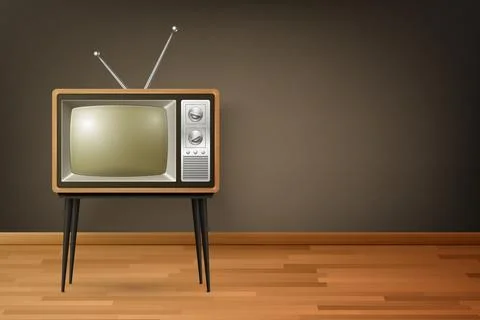 Vector 3d Realistic Retro TV Receiver on Wooden Floor. Home Interior Design Stock Illustration