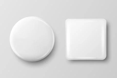 Vector 3d Realistic Round and Square White Metal, Plastic Blank Empty Button Stock Illustration