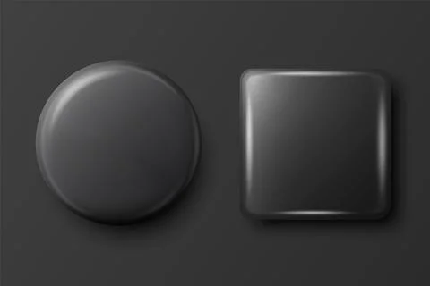Vector 3d Realistic Round and Square Black Metal, Plastic Blank Empty Button Stock Illustration