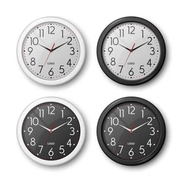 Vector 3d Realistic Round Black, White Color Wall Office Clock with Black, White Illustrazione stock