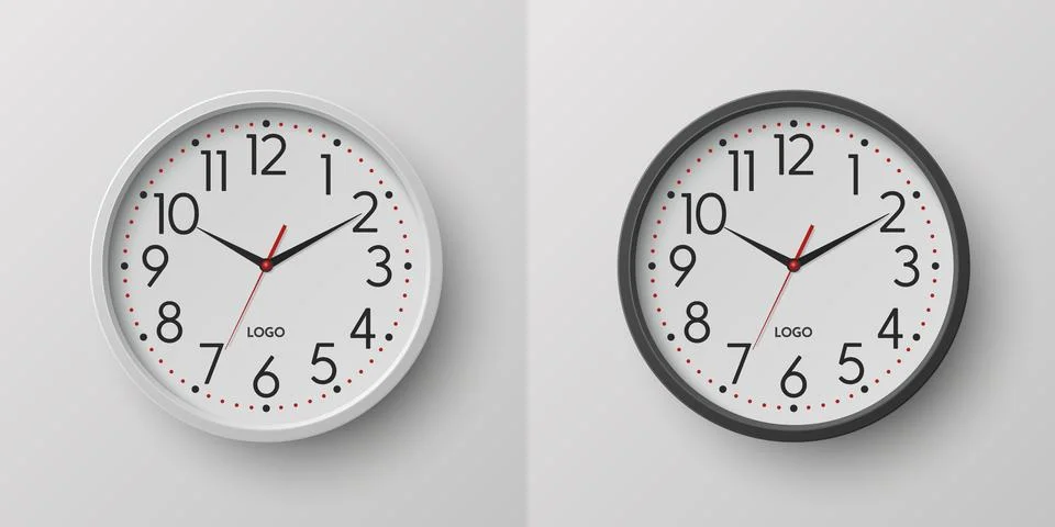 Vector 3d Realistic Round Black, White Color Wall Office Clock with White Clock Stock Illustration