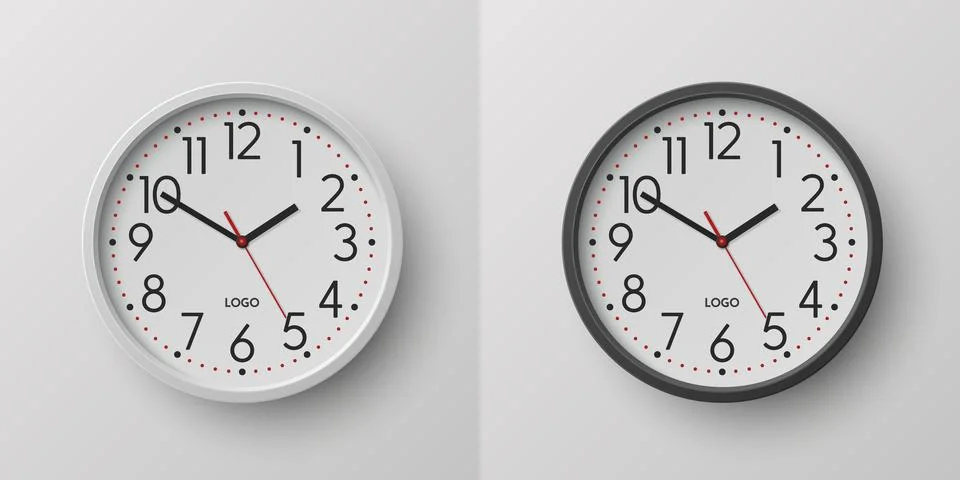Vector 3d Realistic Round Black, White Color Wall Office Clock with White Clock イラスト素材