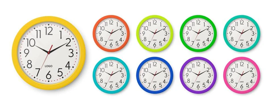 Vector 3d Realistic Round Different Color Clock Set. Wall Office Clock Icons Stock Illustration