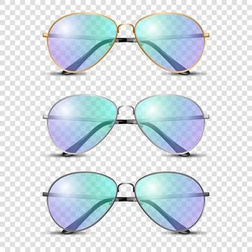 Vector 3d Realistic Round Frame Glasses Set with Blue and Purple Transparent Stock Illustration