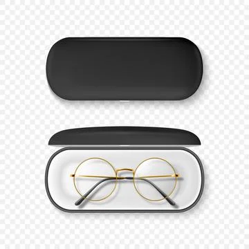 Vector 3D Realistic Round Frame Glasses and Case Set. Black Sunglasses and Stock Illustration