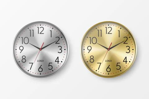 Vector 3d Realistic Round Metal Wall Office Clock with Metal Dial Icon Set. Gray Stock Illustration