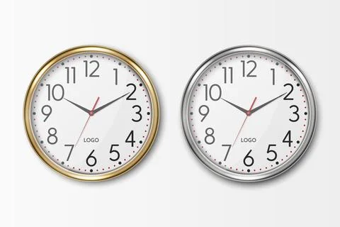 Vector 3d Realistic Round Metal Wall Office Clock with White Dial Icon Set. Gray Stock Illustration
