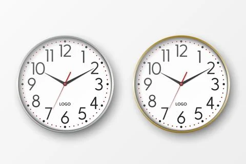 Vector 3d Realistic Round Metal Silver, Golden Color Wall Office Clock Icon Set イラスト素材