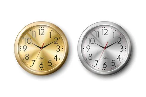 Vector 3d Realistic Round Metal Silver, Golden Color Wall Office Clock Icon Set 스톡 일러스트