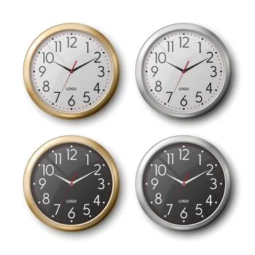 Vector 3d Realistic Round Metal Silver, Golden Color Wall Office Clock Icon Set Stock Illustration