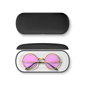 Vector 3D Realistic Round Sunglasses with Metal Frame and Hard Black Case Stock Illustration