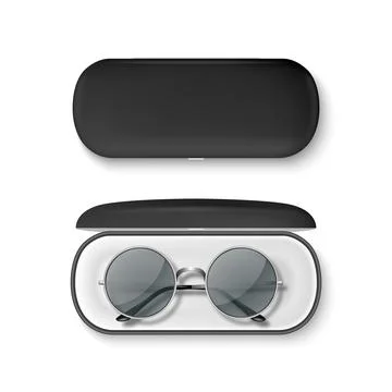 Vector 3D Realistic Round Sunglasses with Metal Frame and Hard Black Case Stock-Illustration