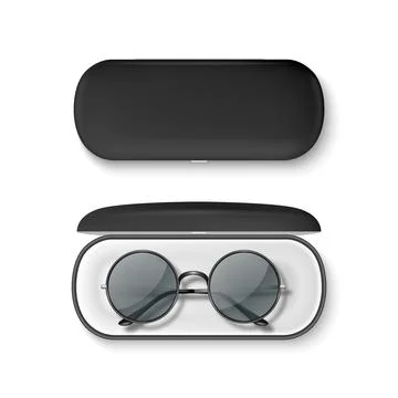 Vector 3D Realistic Round Sunglasses with Metal Frame and Hard Black Case Stock-Illustration