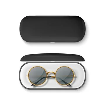 Vector 3D Realistic Round Sunglasses with Metal Frame and Hard Black Case Stock Illustration
