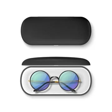 Vector 3D Realistic Round Sunglasses with Metal Frame and Hard Black Case Stock-Illustration