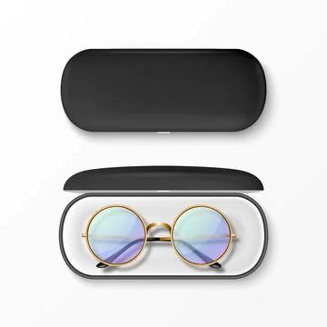 Vector 3d Realistic Round Sunglasses with Gold Metal Frame, Hard Black Case Stock-Illustration