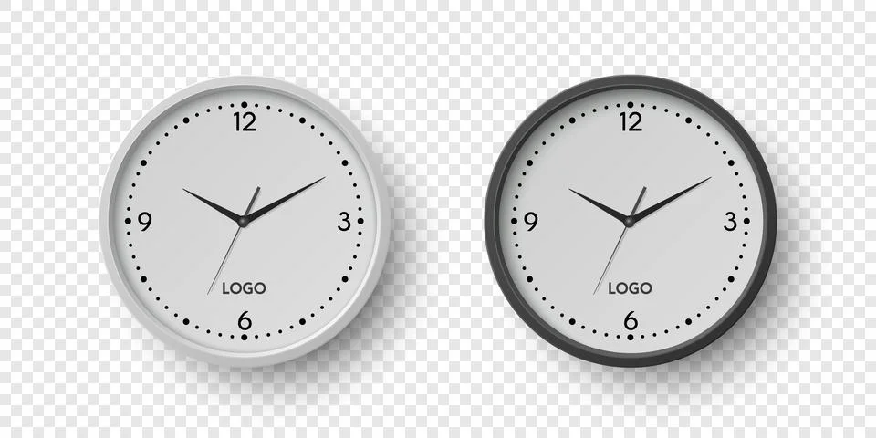 Vector 3d Realistic Round Wall Office Clock Set. White and Black Dial Closeup Stock Illustration