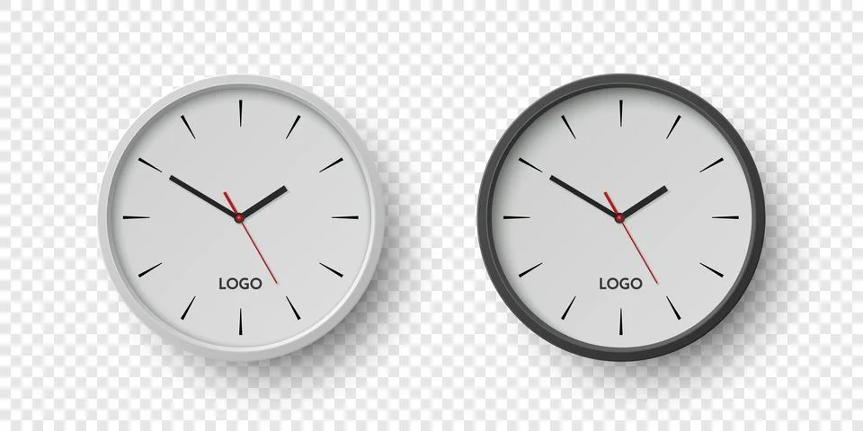 Vector 3d Realistic Round Wall Office Clock Set. White and Black Dial Closeup Stock Illustration