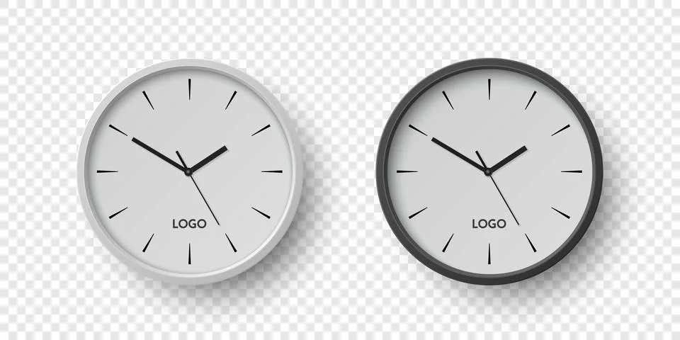 Vector 3d Realistic Round Wall Office Clock Set. White and Black Dial Closeup Stock Illustration