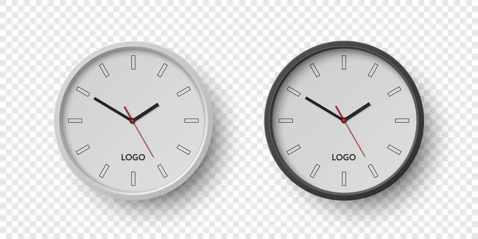 Vector 3d Realistic Round Wall Office Clock Set. White and Black Dial Closeup 스톡 일러스트