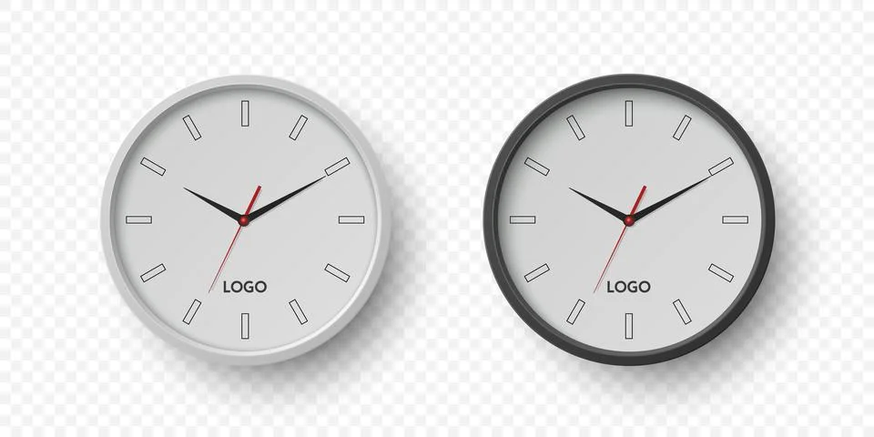 Vector 3d Realistic Round Wall Office Clock Set. White and Black Dial Closeup Stock Illustration