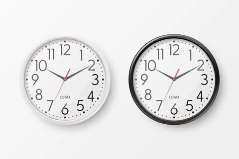 Vector 3d Realistic Round White and Black Wall Office Clock Icon Set Closeup Stock Illustration