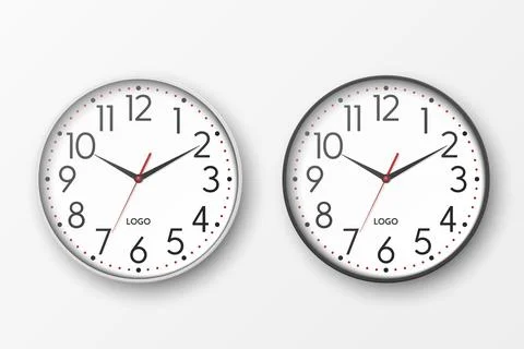 Vector 3d Realistic Round White and Black Wall Office Clock Icon Set Closeup Stock Illustration