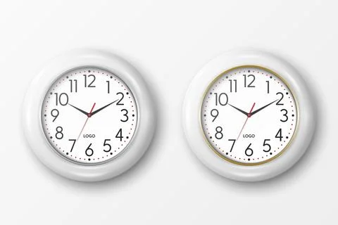 Vector 3d Realistic Round White Wall Office Clock Icon Set Closeup Isolated on Stock Illustration