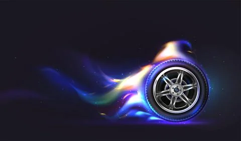 Vector 3d realistic rubber car wheel on fire in fast motion Stock Illustration