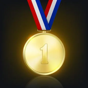 Vector 3d Realistic Shiny Golden Win Medal with Striped Tricolor Ribbon on Dark Illustrazione stock