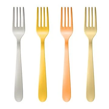 Vector 3d Realistic Silver, Gold, Copper Forks, Isolated. Elegant Metallic Fork Stock Illustration